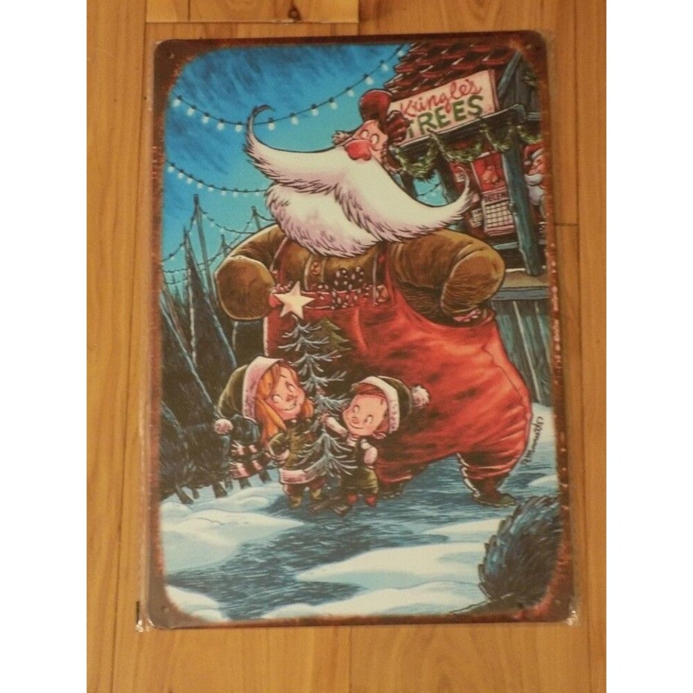 Metal Tin Decorative Art Sign Wall Hanging Decor Santa Claus Kringle's Trees